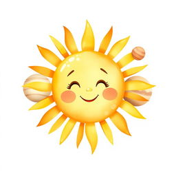 A cute watercolor depiction of the sun in the solar system, radiating warmth and cheer