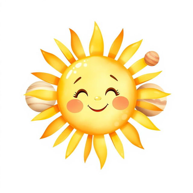 A cute watercolor depiction of the sun in the solar system, radiating warmth and cheer