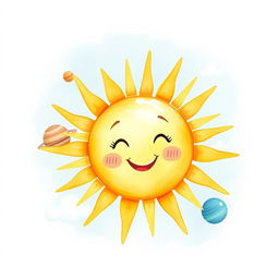 A cute watercolor depiction of the sun in the solar system, radiating warmth and cheer