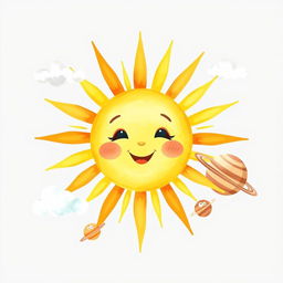 A cute watercolor depiction of the sun in the solar system, radiating warmth and cheer