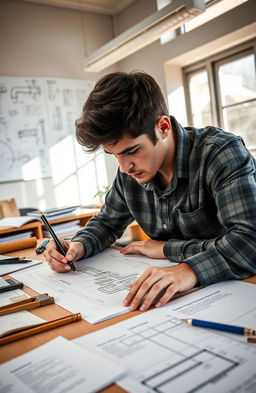 A focused engineering student working on a technical drawing at a drafting table, surrounded by tools like a T-square, compass, and other engineering equipment