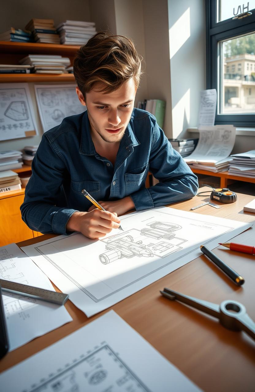 A focused engineering student working on a technical drawing at a drafting table, surrounded by tools like a T-square, compass, and other engineering equipment