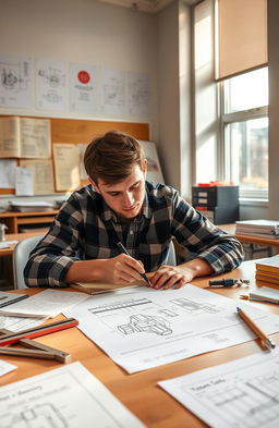 A focused engineering student working on a technical drawing at a drafting table, surrounded by tools like a T-square, compass, and other engineering equipment