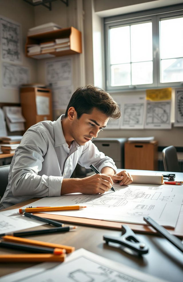 A focused engineering student working on a technical drawing at a drafting table, surrounded by tools like a T-square, compass, and other engineering equipment