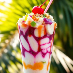 A colorful and delicious serving of halo-halo, a traditional Filipino dessert in a tall glass