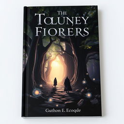 A captivating book cover design featuring a mystical forest at twilight, with towering ancient trees whose leaves shimmer with magical light