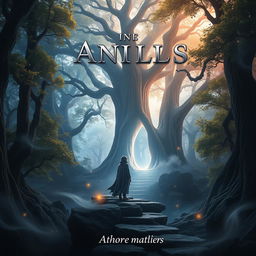 A captivating book cover design featuring a mystical forest at twilight, with towering ancient trees whose leaves shimmer with magical light