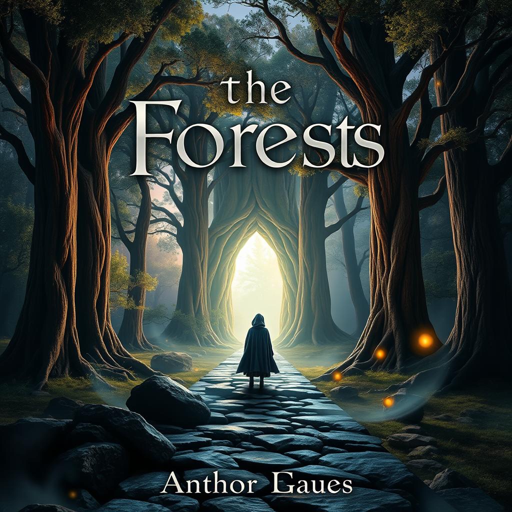 A captivating book cover design featuring a mystical forest at twilight, with towering ancient trees whose leaves shimmer with magical light