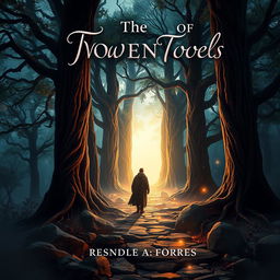 A captivating book cover design featuring a mystical forest at twilight, with towering ancient trees whose leaves shimmer with magical light
