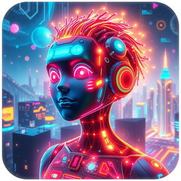 A futuristic and vibrant representation of an AI avatar, featuring a humanoid figure made of glowing digital components and circuits