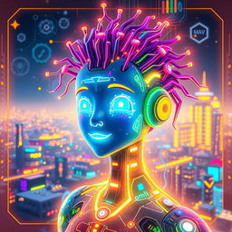 A futuristic and vibrant representation of an AI avatar, featuring a humanoid figure made of glowing digital components and circuits