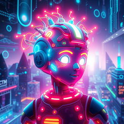 A futuristic and vibrant representation of an AI avatar, featuring a humanoid figure made of glowing digital components and circuits
