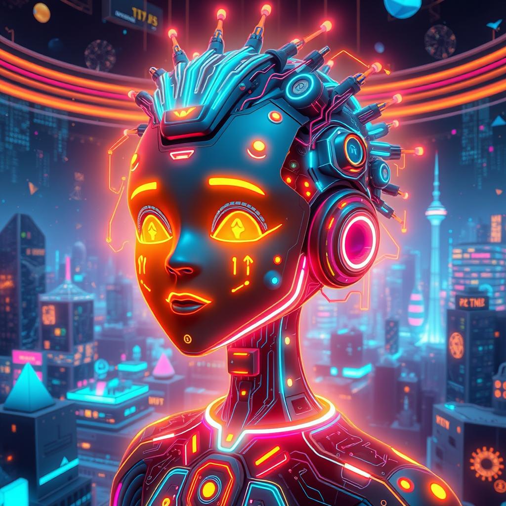 A futuristic and vibrant representation of an AI avatar, featuring a humanoid figure made of glowing digital components and circuits