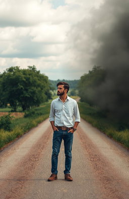 A reflection on the theme of choice, depicting a solitary man standing at a crossroads