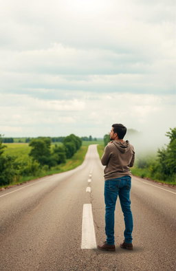 A reflection on the theme of choice, depicting a solitary man standing at a crossroads