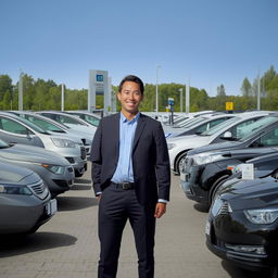 A man standing amidst a variety of vehicles in a car rental company's lot, with a professional attire and a welcoming smile.