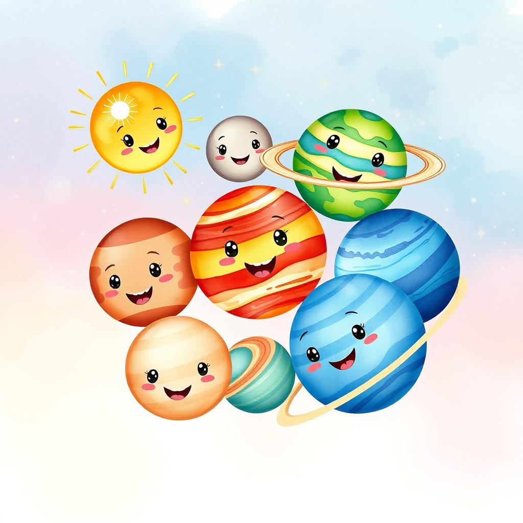 A charming watercolor illustration of the solar system featuring cute, smiling planets with exaggerated facial expressions