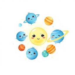 A set of cute planets in the solar system, each rendered in a charming watercolor style