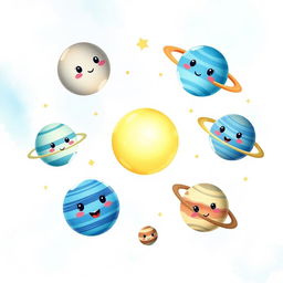 A set of cute planets in the solar system, each rendered in a charming watercolor style