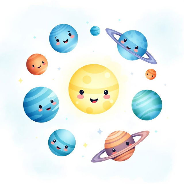 A set of cute planets in the solar system, each rendered in a charming watercolor style