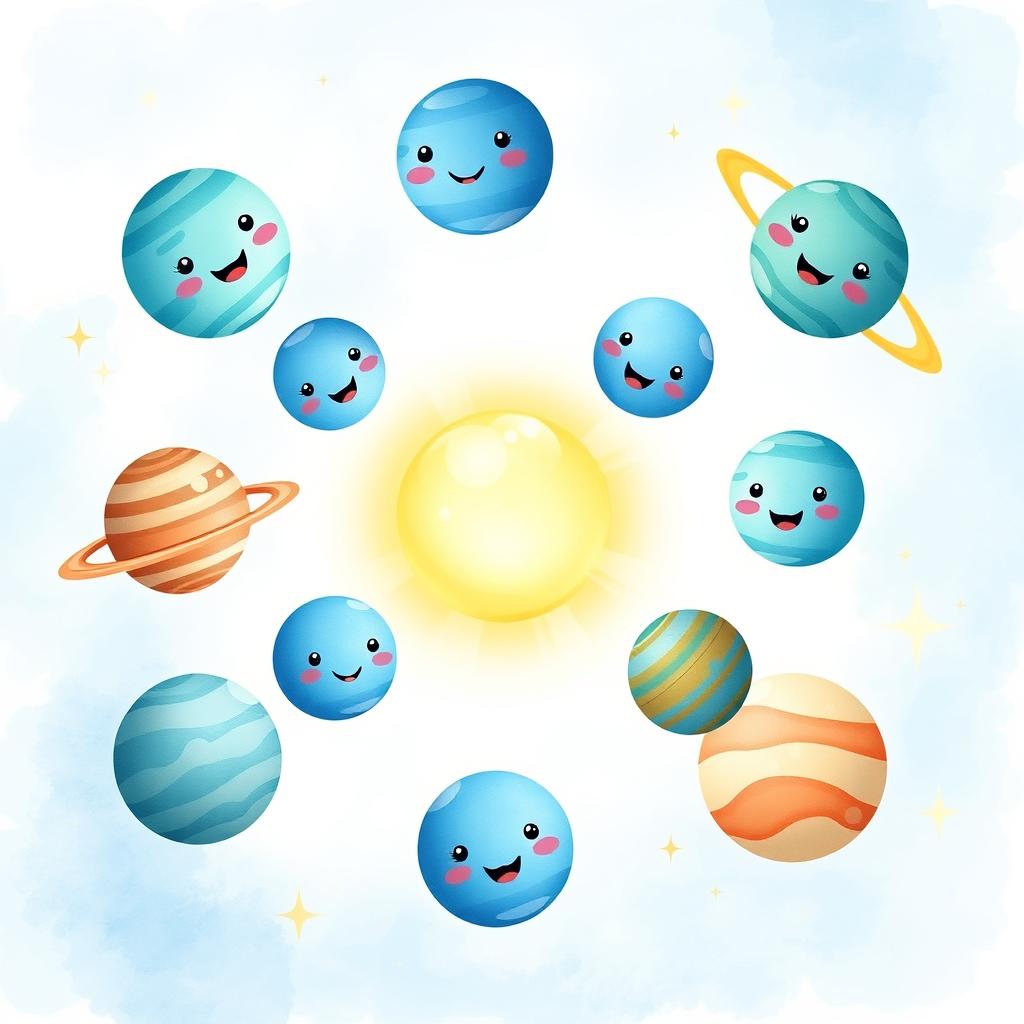 A set of cute planets in the solar system, each rendered in a charming watercolor style