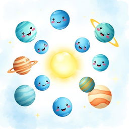 A set of cute planets in the solar system, each rendered in a charming watercolor style