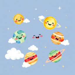 A whimsical watercolor illustration of cute, colorful planets in the solar system, each planet with a joyful, cartoonish face