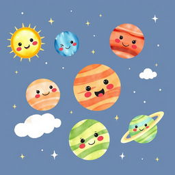 A whimsical watercolor illustration of cute, colorful planets in the solar system, each planet with a joyful, cartoonish face