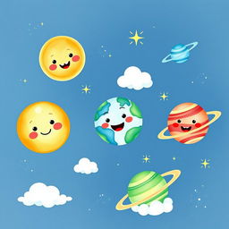A whimsical watercolor illustration of cute, colorful planets in the solar system, each planet with a joyful, cartoonish face