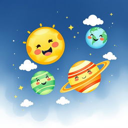 A whimsical watercolor illustration of cute, colorful planets in the solar system, each planet with a joyful, cartoonish face