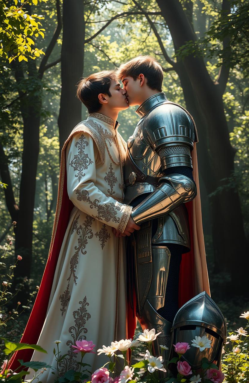 A romantic scene featuring a prince and a knight locked in a passionate kiss