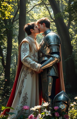 A romantic scene featuring a prince and a knight locked in a passionate kiss