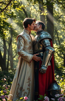 A romantic scene featuring a prince and a knight locked in a passionate kiss
