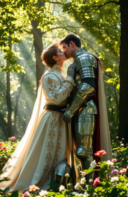 A romantic scene featuring a prince and a knight locked in a passionate kiss