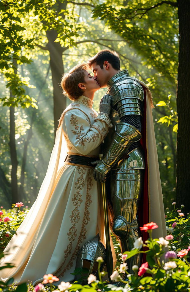 A romantic scene featuring a prince and a knight locked in a passionate kiss