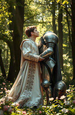 A romantic scene featuring a prince and a knight locked in a passionate kiss