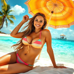 A stunning woman wearing a sexy bikini, sunbathing on a tropical beach with clear turquoise waters and soft white sand