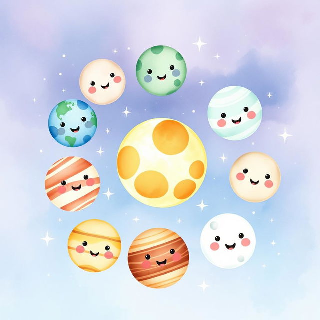 A beautiful watercolor painting featuring cute, whimsical moons of the solar system