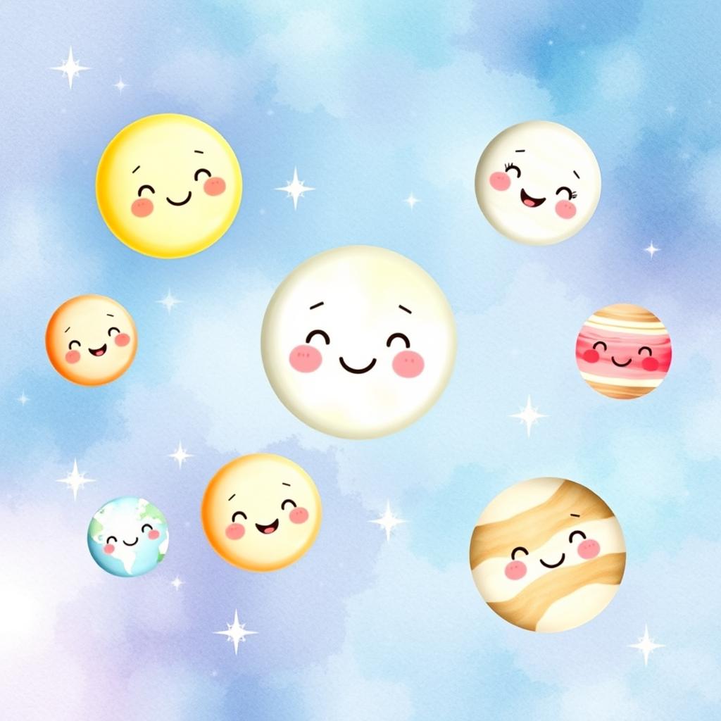 A beautiful watercolor painting featuring cute, whimsical moons of the solar system