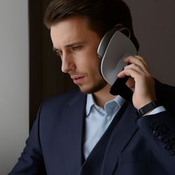 A well-dressed man in a stylish suit engrossed in a phone call, with a serious expression on his face.