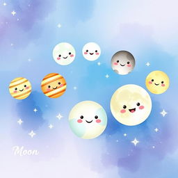 A beautiful watercolor painting featuring cute, whimsical moons of the solar system