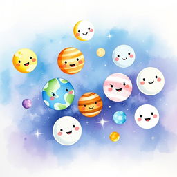 A beautiful watercolor painting featuring cute, whimsical moons of the solar system