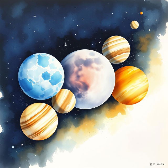 A stunning watercolor painting depicting the moons of the solar system, showcasing each moon's unique characteristics and textures