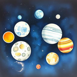 A stunning watercolor painting depicting the moons of the solar system, showcasing each moon's unique characteristics and textures