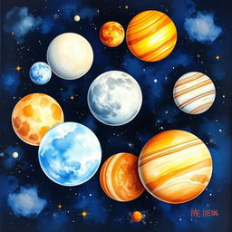 A stunning watercolor painting depicting the moons of the solar system, showcasing each moon's unique characteristics and textures