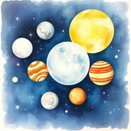 A stunning watercolor painting depicting the moons of the solar system, showcasing each moon's unique characteristics and textures
