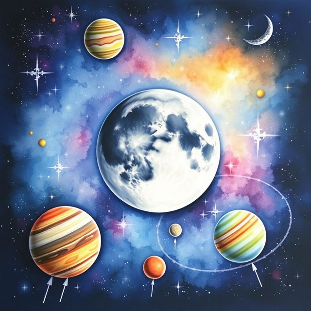A beautiful watercolor painting depicting the moon in the solar system