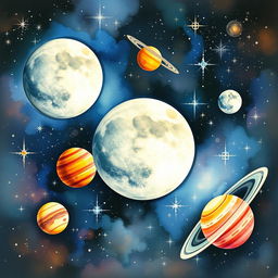 A beautiful watercolor painting depicting the moon in the solar system