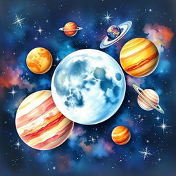 A beautiful watercolor painting depicting the moon in the solar system