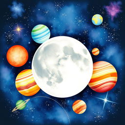 A beautiful watercolor painting depicting the moon in the solar system